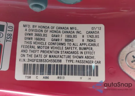 2012 Honda Civic Lx из США, поврежденный, VIN 2HGFG3B53CH556398